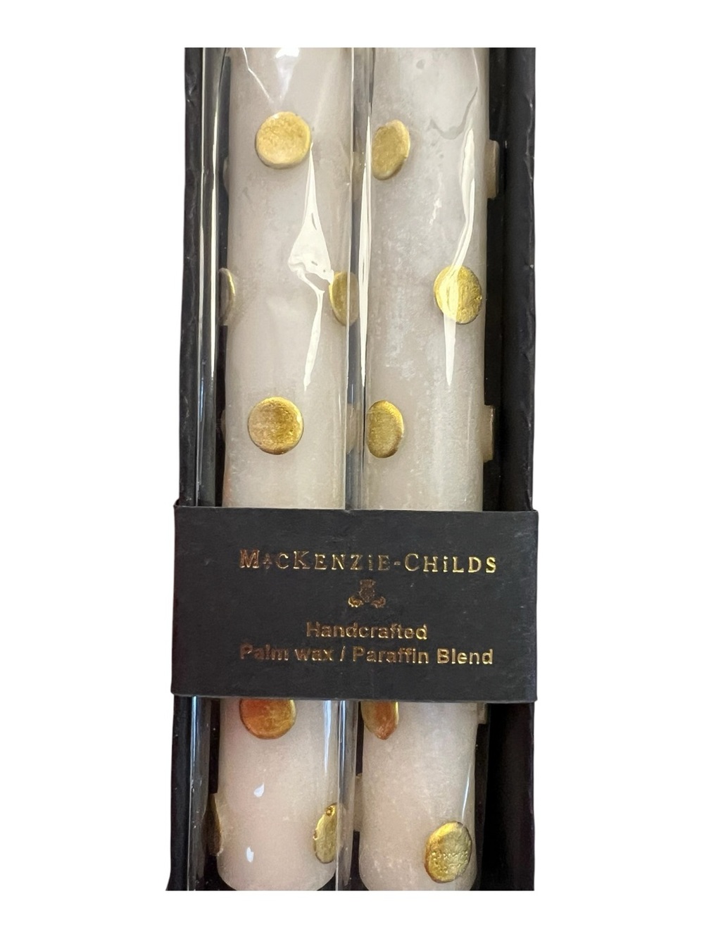 Mackenzie Childs Dot & Stripe Dinner Candles – Black & Gold – Set of 2 - Picture 3 of 5